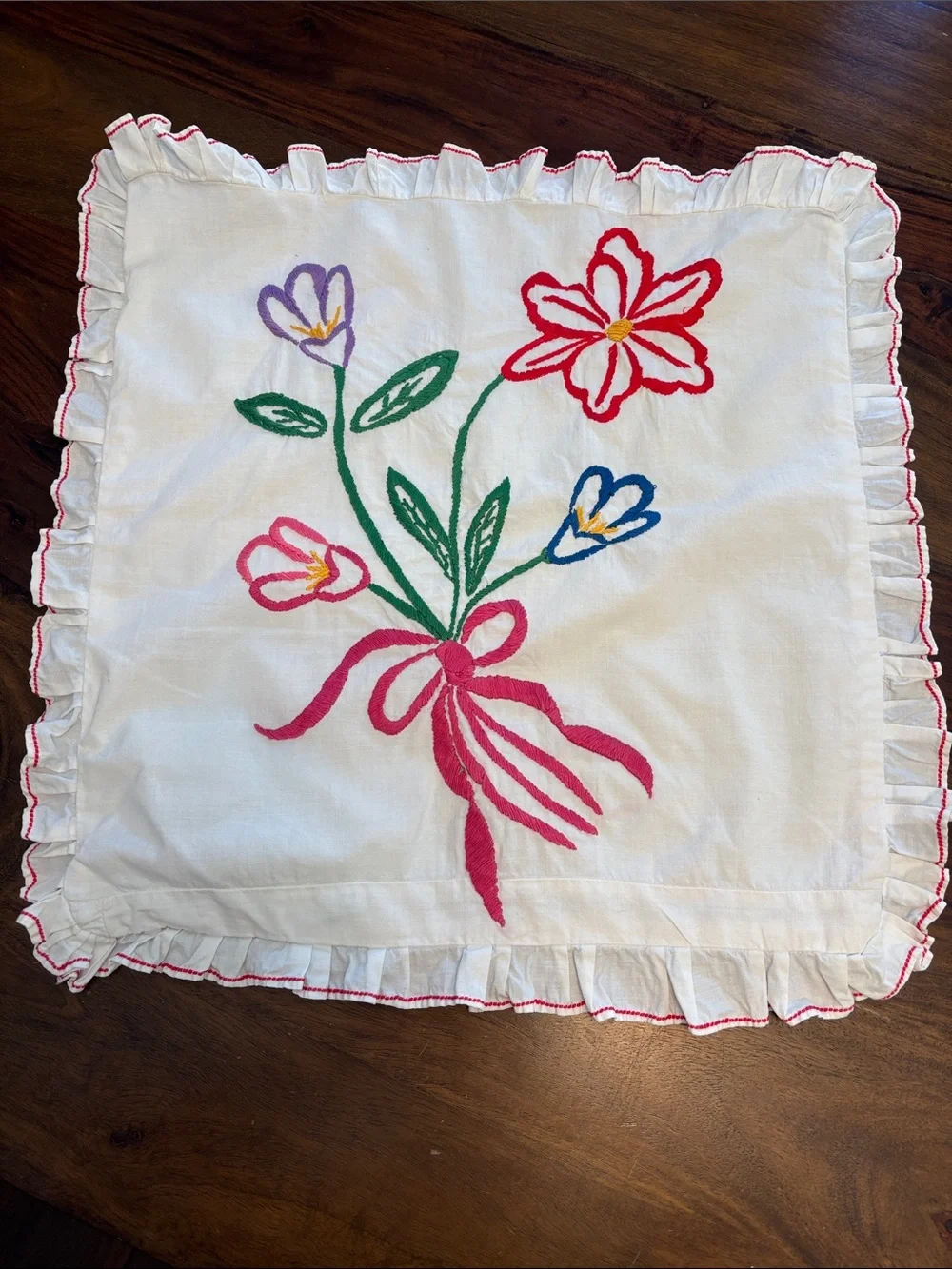 Vintage Embroidered Floral Pillow Sham White with Pink, Red, Green, Blue Accents